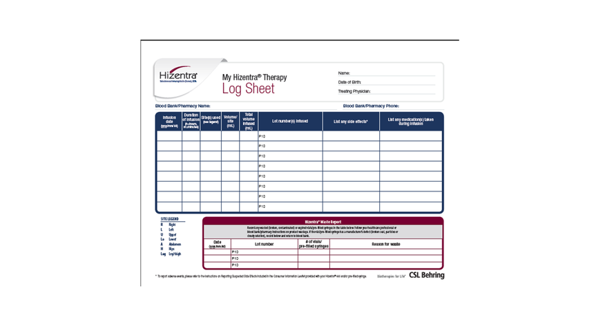 My Hizentra Therapy Log Sheets - Download